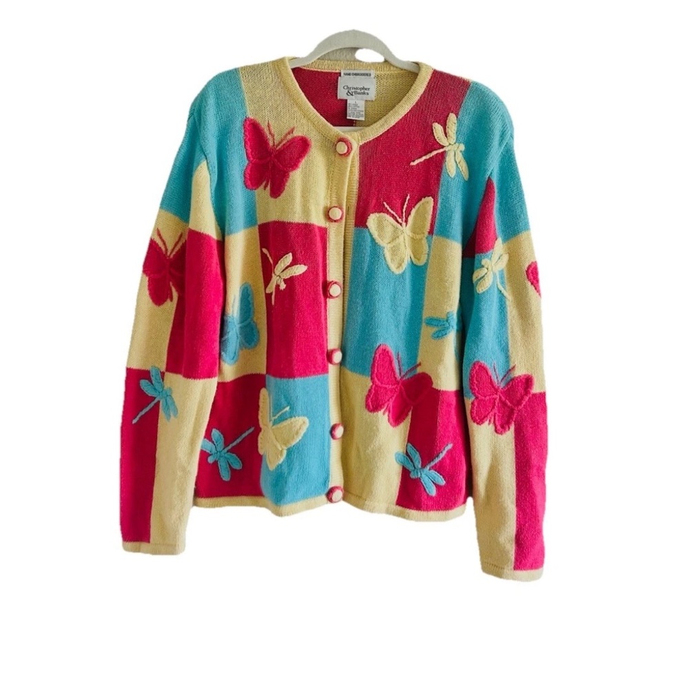 RARE Vintage Checkered Butterfly Cardigan-Hand Embroidered- Large